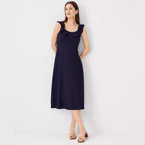 Ann Taylor Scoop Neck Linen Blend Flare Dress in the color Night Sky Navy Size 8